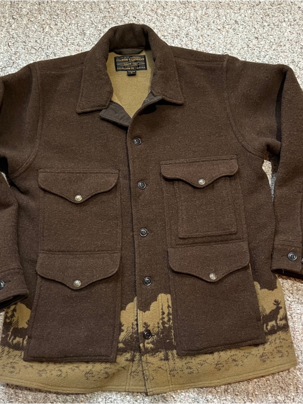 Filson moose jacquard heavyweight wool cruiser jacket brown button front Medium - Picture 3 of 12